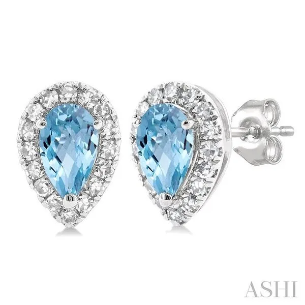 5x3 MM Pear Shape Aquamarine and 1/8 Ctw Single Cut Diamond Halo Semi-Precious Stud Earrings in 10K White Gold Hart's Jewelers Grants Pass, OR
