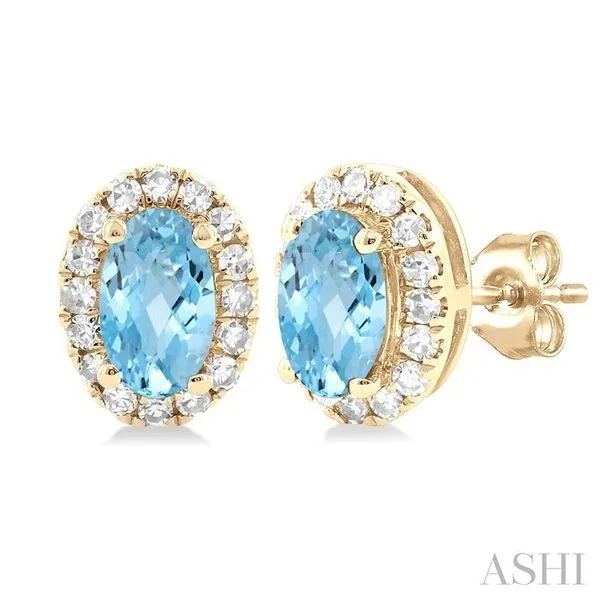 5x3 MM Oval Shape Aquamarine and 1/8 Ctw Single Cut Diamond Halo Semi-Precious Stud Earrings in 10K Yellow Gold Hart's Jewelers Grants Pass, OR