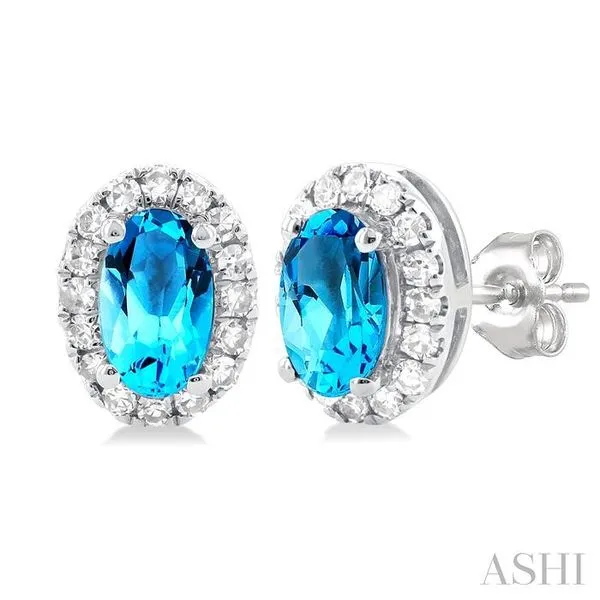5x3 MM Oval Shape Blue Topaz and 1/8 Ctw Single Cut Diamond Halo Semi-Precious Stud Earrings in 10K White Gold Hart's Jewelers Grants Pass, OR