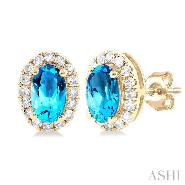 5x3 MM Oval Shape Blue Topaz and 1/8 Ctw Single Cut Diamond Halo Semi-Precious Stud Earrings in 10K Yellow Gold Hart's Jewelers Grants Pass, OR
