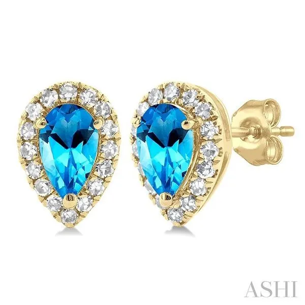 5x3 MM Pear Shape Blue Topaz and 1/8 Ctw Single Cut Diamond Halo Semi-Precious Stud Earrings in 10K Yellow Gold Hart's Jewelers Grants Pass, OR