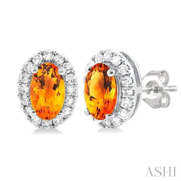 5x3 MM Oval Shape Citrine and 1/8 Ctw Single Cut Diamond Halo Semi-Precious Stud Earrings in 10K White Gold Hart's Jewelers Grants Pass, OR