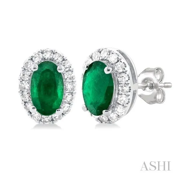 5x3 MM Oval Shape Emerald and 1/8 Ctw Single Cut Diamond Halo Precious Stud Earrings in 10K White Gold Hart's Jewelers Grants Pass, OR