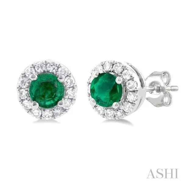 3.25 MM Round Emerald and 1/10 Ctw Single Cut Diamond Halo Precious Stud Earrings in 10K White Gold Hart's Jewelers Grants Pass, OR
