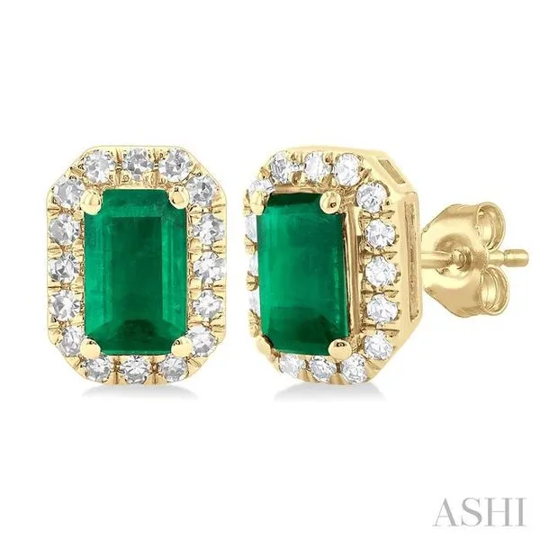5x3 MM Octagonal Shape Emerald and 1/8 Ctw Single Cut Diamond Halo Precious Stud Earrings in 10K Yellow Gold Hart's Jewelers Grants Pass, OR
