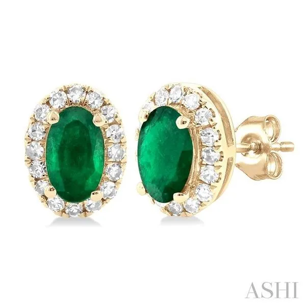 5x3 MM Oval Shape Emerald and 1/8 Ctw Single Cut Diamond Halo Precious Stud Earrings in 10K Yellow Gold Hart's Jewelers Grants Pass, OR