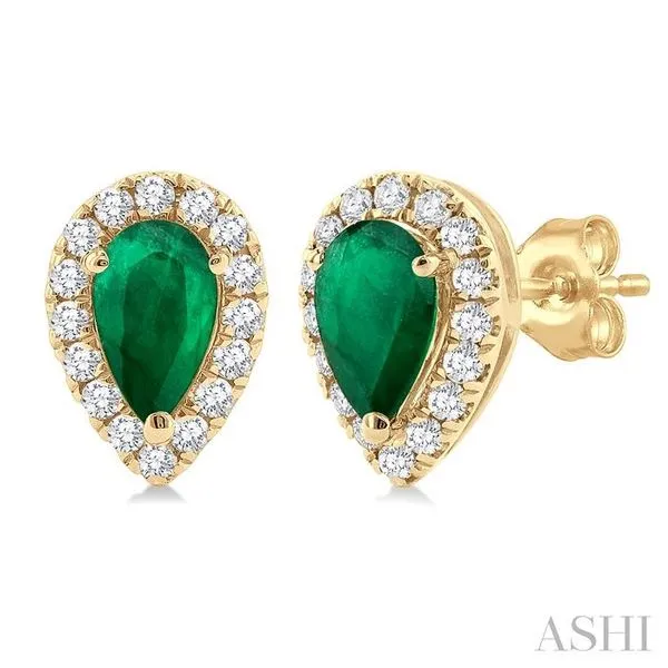 5x3 MM Pear Shape Emerald and 1/8 Ctw Single Cut Diamond Halo Precious Stud Earrings in 10K Yellow Gold Hart's Jewelers Grants Pass, OR