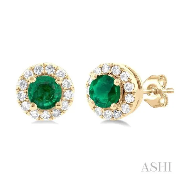 3.25 MM Round Emerald and 1/10 Ctw Single Cut Diamond Halo Precious Stud Earrings in 10K Yellow Gold Hart's Jewelers Grants Pass, OR