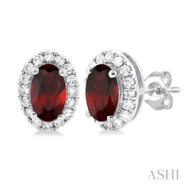 5x3 MM Oval Shape Garnet and 1/8 Ctw Single Cut Diamond Halo Semi-Precious Stud Earrings in 10K White Gold Hart's Jewelers Grants Pass, OR