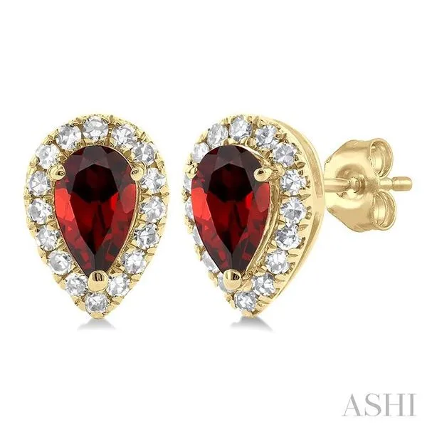 5x3 MM Pear Shape Garnet and 1/8 Ctw Single Cut Diamond Halo Semi-Precious Stud Earrings in 10K Yellow Gold Hart's Jewelers Grants Pass, OR