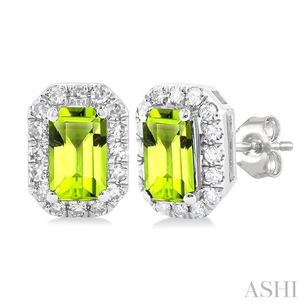 5x3 MM Octagonal Shape Peridot and 1/8 Ctw Single Cut Diamond Halo Semi-Precious Stud Earrings in 10K White Gold Hart's Jewelers Grants Pass, OR