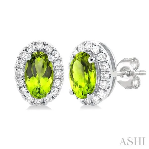 5x3 MM Oval Shape Peridot and 1/8 Ctw Single Cut Diamond Halo Semi-Precious Stud Earrings in 10K White Gold Hart's Jewelers Grants Pass, OR