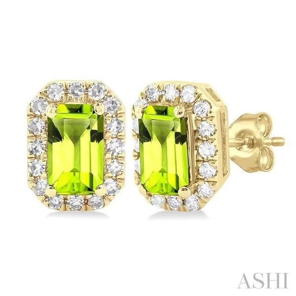 5x3 MM Octagonal Shape Peridot and 1/8 Ctw Single Cut Diamond Halo Semi-Precious Stud Earrings in 10K Yellow Gold Hart's Jewelers Grants Pass, OR