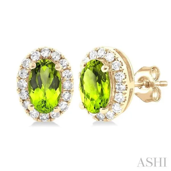 5x3 MM Oval Shape Peridot and 1/8 Ctw Single Cut Diamond Halo Semi-Precious Stud Earrings in 10K Yellow Gold Hart's Jewelers Grants Pass, OR