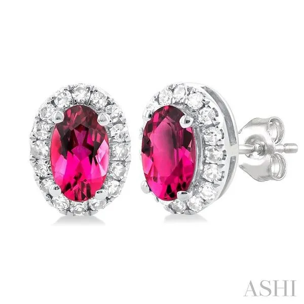 5x3 MM Oval Shape Pink Tourmaline and 1/8 Ctw Single Cut Diamond Halo Semi-Precious Stud Earrings in 10K White Gold Hart's Jewelers Grants Pass, OR