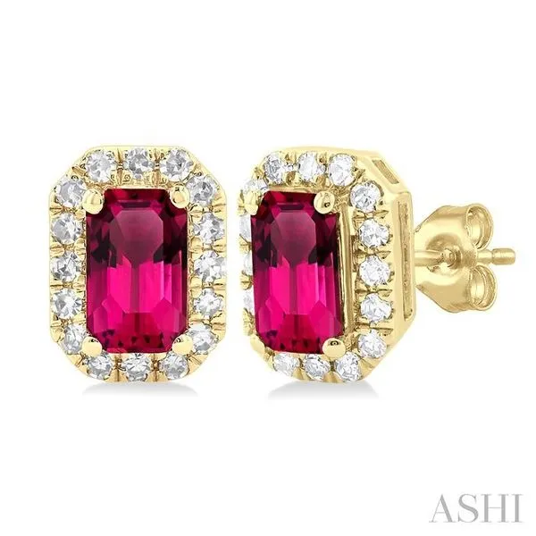 5x3 MM Octagonal Shape Pink Tourmaline and 1/8 Ctw Single Cut Diamond Halo Semi-Precious Stud Earrings in 10K Yellow Gold Hart's Jewelers Grants Pass, OR