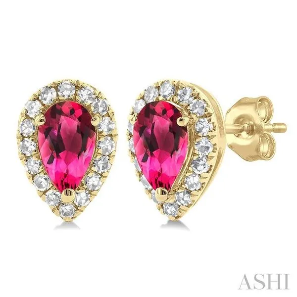 5x3 MM Pear Shape Pink Tourmaline and 1/8 Ctw Single Cut Diamond Halo Semi-Precious Stud Earrings in 10K Yellow Gold Hart's Jewelers Grants Pass, OR