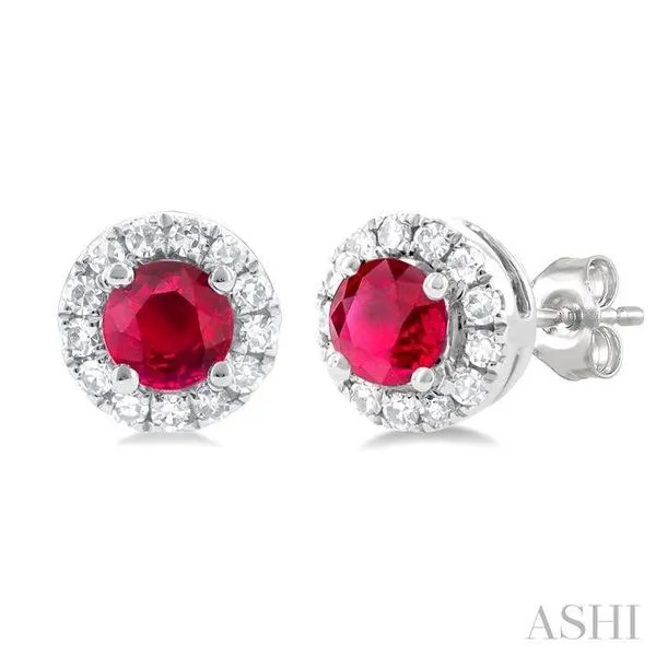 3.25 MM Round Ruby and 1/10 Ctw Single Cut Diamond Halo Precious Stud Earrings in 10K White Gold Hart's Jewelers Grants Pass, OR