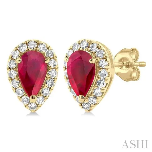 5x3 MM Pear Shape Ruby and 1/8 Ctw Single Cut Diamond Halo Precious Stud Earrings in 10K Yellow Gold Hart's Jewelers Grants Pass, OR