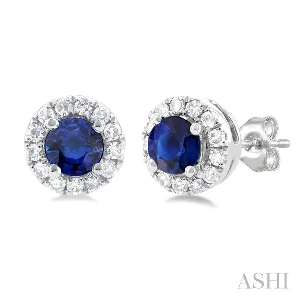 3.25 MM Round Sapphire and 1/10 Ctw Single Cut Diamond Halo Precious Stud Earrings in 10K White Gold Hart's Jewelers Grants Pass, OR