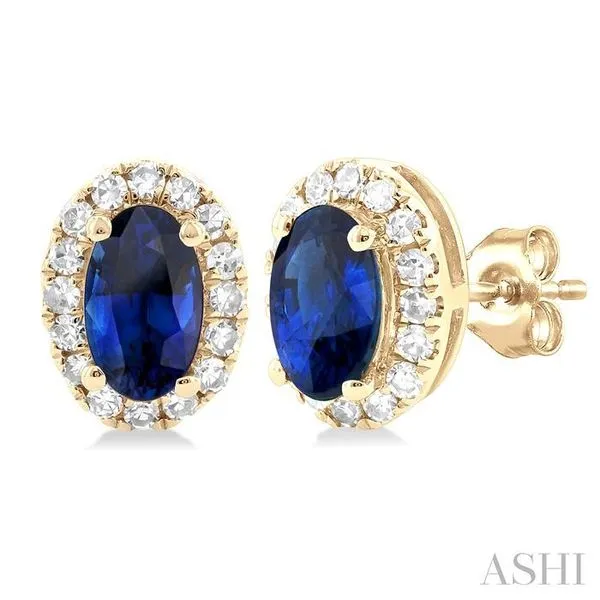 5x3 MM Oval Shape Sapphire and 1/8 Ctw Single Cut Diamond Halo Precious Stud Earrings in 10K Yellow Gold Hart's Jewelers Grants Pass, OR