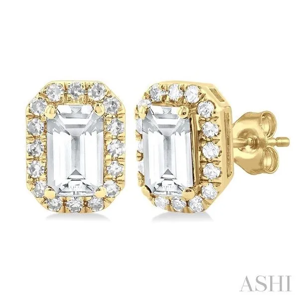 5x3 MM Octagonal Shape White Topaz and 1/8 Ctw Single Cut Diamond Halo Semi-Precious Stud Earrings in 10K Yellow Gold Hart's Jewelers Grants Pass, OR