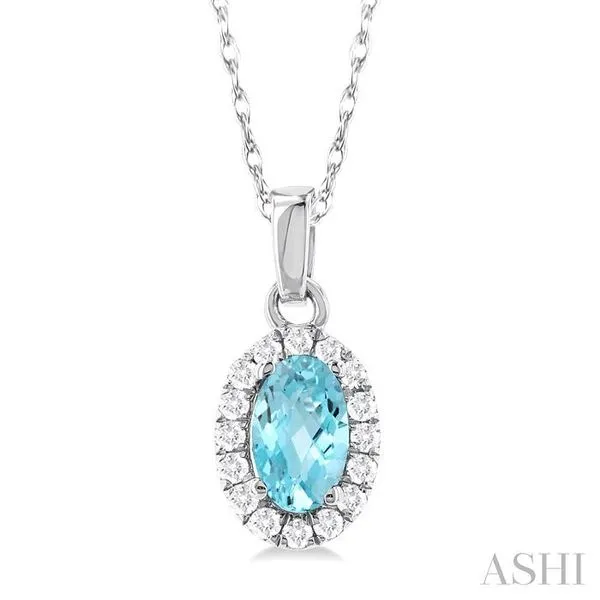5x3 MM Oval Shape Aquamarine and 1/20 Ctw Single Cut Diamond Halo Semi-Precious Pendant with Chain in 14K White Gold Hart's Jewelers Grants Pass, OR