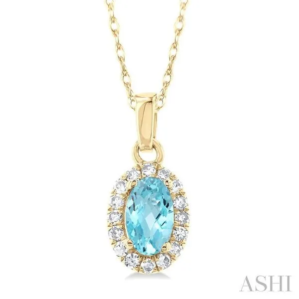 5x3 MM Oval Shape Aquamarine and 1/20 Ctw Single Cut Diamond Halo Semi-Precious Pendant with Chain in 14K Yellow Gold Hart's Jewelers Grants Pass, OR