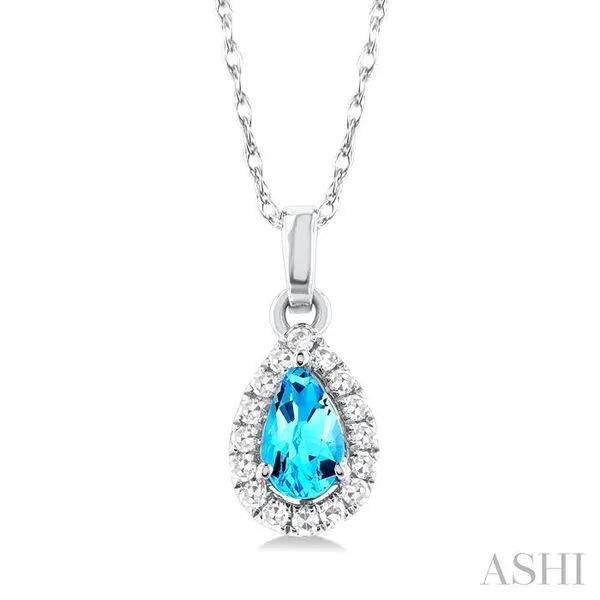 5x3 MM Pear Shape Blue Topaz and 1/20 Ctw Single Cut Diamond Halo Semi-Precious Pendant with Chain in 14K White Gold Hart's Jewelers Grants Pass, OR