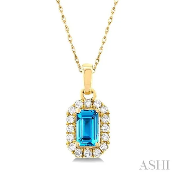 5x3 MM Octagonal Shape Blue Topaz and 1/20 Ctw Single Cut Diamond Halo Semi-Precious Pendant with Chain in 14K Yellow Gold Hart's Jewelers Grants Pass, OR