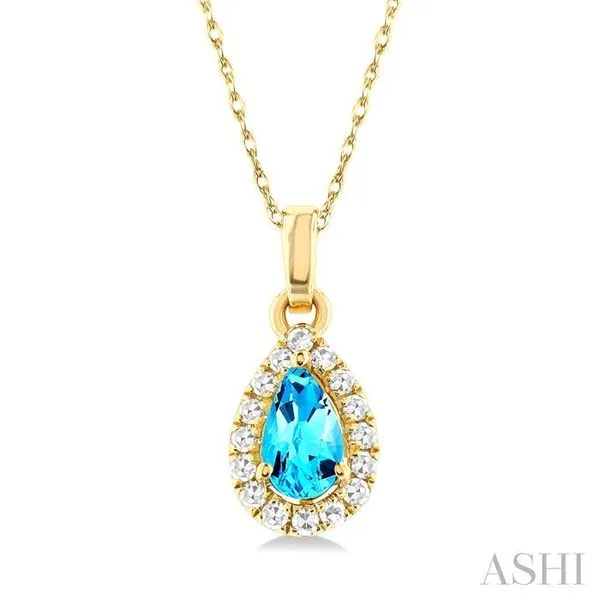 5x3 MM Pear Shape Blue Topaz and 1/20 Ctw Single Cut Diamond Halo Semi-Precious Pendant with Chain in 14K Yellow Gold Hart's Jewelers Grants Pass, OR