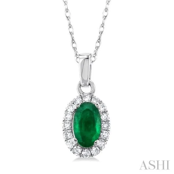 5x3 MM Oval Shape Emerald and 1/20 Ctw Single Cut Diamond Halo Precious Pendant with Chain in 14K White Gold Hart's Jewelers Grants Pass, OR