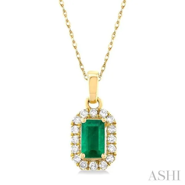 5x3 MM Octagonal Shape Emerald and 1/20 Ctw Single Cut Diamond Halo Precious Pendant with Chain in 14K Yellow Gold Hart's Jewelers Grants Pass, OR