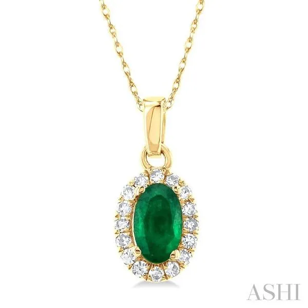 5x3 MM Oval Shape Emerald and 1/20 Ctw Single Cut Diamond Halo Precious Pendant with Chain in 14K Yellow Gold Hart's Jewelers Grants Pass, OR