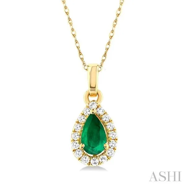 5x3 MM Pear Shape Emerald and 1/20 Ctw Single Cut Diamond Halo Precious Pendant with Chain in 14K Yellow Gold Hart's Jewelers Grants Pass, OR
