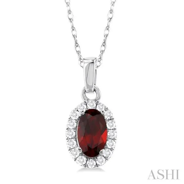 5x3 MM Oval Shape Garnet and 1/20 Ctw Single Cut Diamond Halo Semi-Precious Pendant with Chain in 14K White Gold Hart's Jewelers Grants Pass, OR
