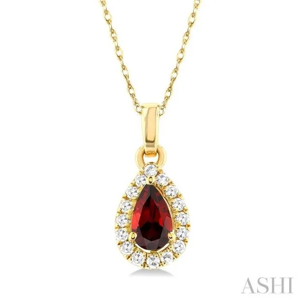 5x3 MM Pear Shape Garnet and 1/20 Ctw Single Cut Diamond Halo Semi-Precious Pendant with Chain in 14K Yellow Gold Hart's Jewelers Grants Pass, OR