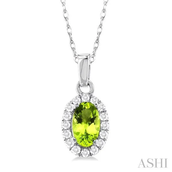 5x3 MM Oval Shape Peridot and 1/20 Ctw Single Cut Diamond Halo Semi-Precious Pendant with Chain in 14K White Gold Hart's Jewelers Grants Pass, OR