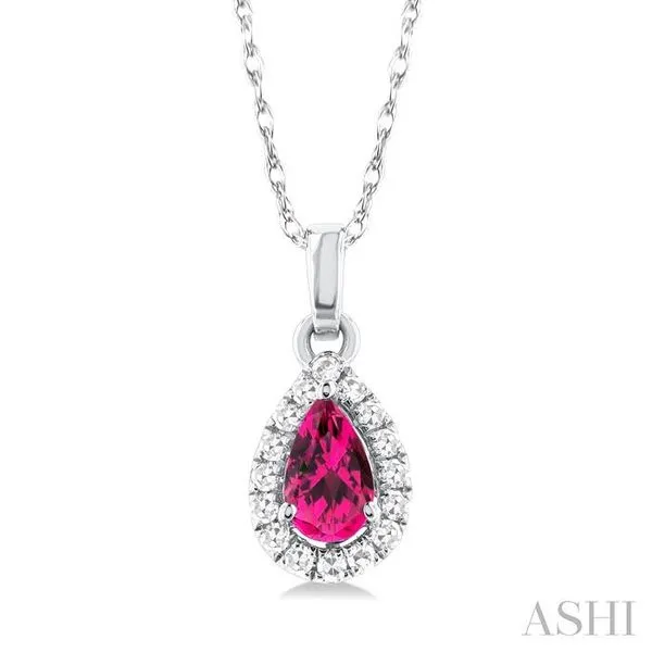 5x3 MM Pear Shape Pink Tourmaline and 1/20 Ctw Single Cut Diamond Halo Semi-Precious Pendant with Chain in 14K White Gold Hart's Jewelers Grants Pass, OR