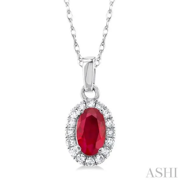 5x3 MM Oval Shape Ruby and 1/20 Ctw Single Cut Diamond Halo Precious Pendant with Chain in 14K White Gold Hart's Jewelers Grants Pass, OR
