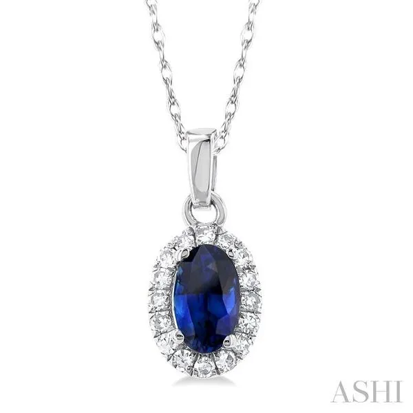 5x3 MM Oval Shape Sapphire and 1/20 Ctw Single Cut Diamond Halo Precious Pendant with Chain in 14K White Gold Hart's Jewelers Grants Pass, OR