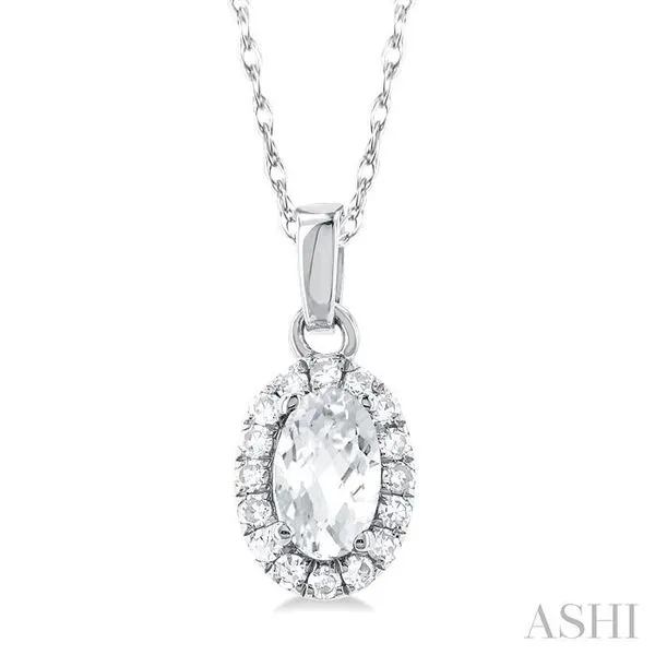 5x3 MM Oval Shape White Topaz and 1/20 Ctw Single Cut Diamond Halo Semi-Precious Pendant with Chain in 14K White Gold Hart's Jewelers Grants Pass, OR