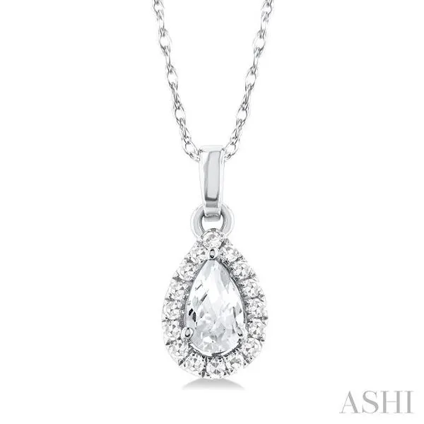 5x3 MM Pear Shape White Topaz and 1/20 Ctw Single Cut Diamond Halo Semi-Precious Pendant with Chain in 14K White Gold Hart's Jewelers Grants Pass, OR