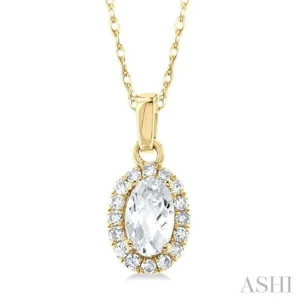 5x3 MM Oval Shape White Topaz and 1/20 Ctw Single Cut Diamond Halo Semi-Precious Pendant with Chain in 14K Yellow Gold Hart's Jewelers Grants Pass, OR