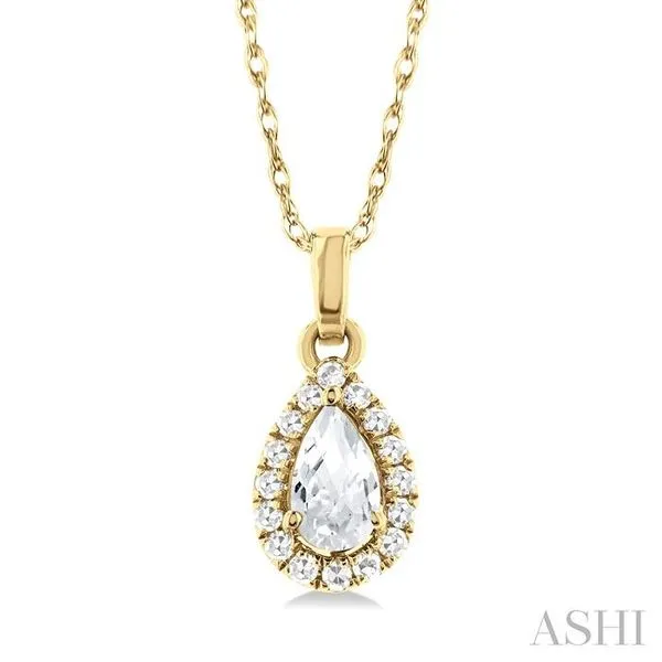 5x3 MM Pear Shape White Topaz and 1/20 Ctw Single Cut Diamond Halo Semi-Precious Pendant with Chain in 14K Yellow Gold Hart's Jewelers Grants Pass, OR
