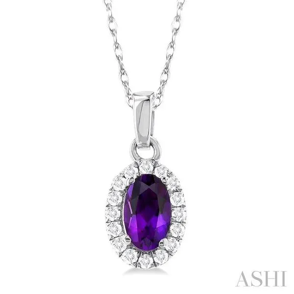 5x3 MM Oval Shape Amethyst and 1/20 Ctw Single Cut Diamond Halo Semi-Precious Pendant with Chain in 10K White Gold Hart's Jewelers Grants Pass, OR