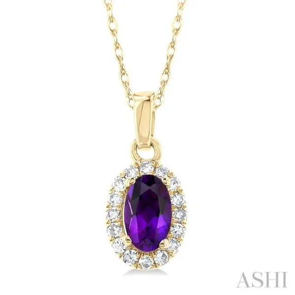 5x3 MM Oval Shape Amethyst and 1/20 Ctw Single Cut Diamond Halo Semi-Precious Pendant with Chain in 10K Yellow Gold Hart's Jewelers Grants Pass, OR