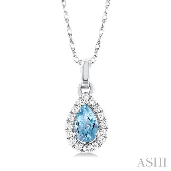 5x3 MM Pear Shape Aquamarine and 1/20 Ctw Single Cut Diamond Halo Semi-Precious Pendant with Chain in 10K White Gold Hart's Jewelers Grants Pass, OR