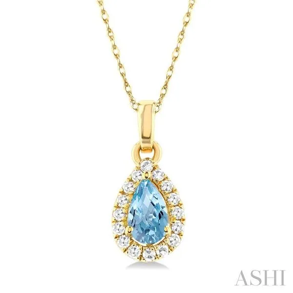5x3 MM Pear Shape Aquamarine and 1/20 Ctw Single Cut Diamond Halo Semi-Precious Pendant with Chain in 10K Yellow Gold Hart's Jewelers Grants Pass, OR