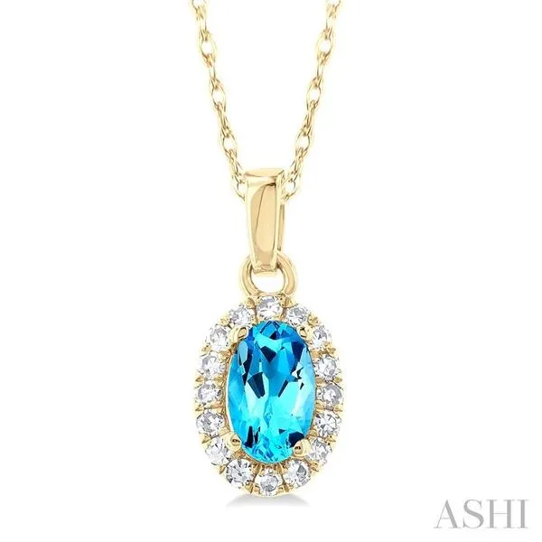 5x3 MM Oval Shape Blue Topaz and 1/20 Ctw Single Cut Diamond Halo Semi-Precious Pendant with Chain in 10K Yellow Gold Hart's Jewelers Grants Pass, OR